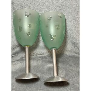 Disney Hidden Mickey Frosted Plastic Goblets Metal Base Stemware Pair Green